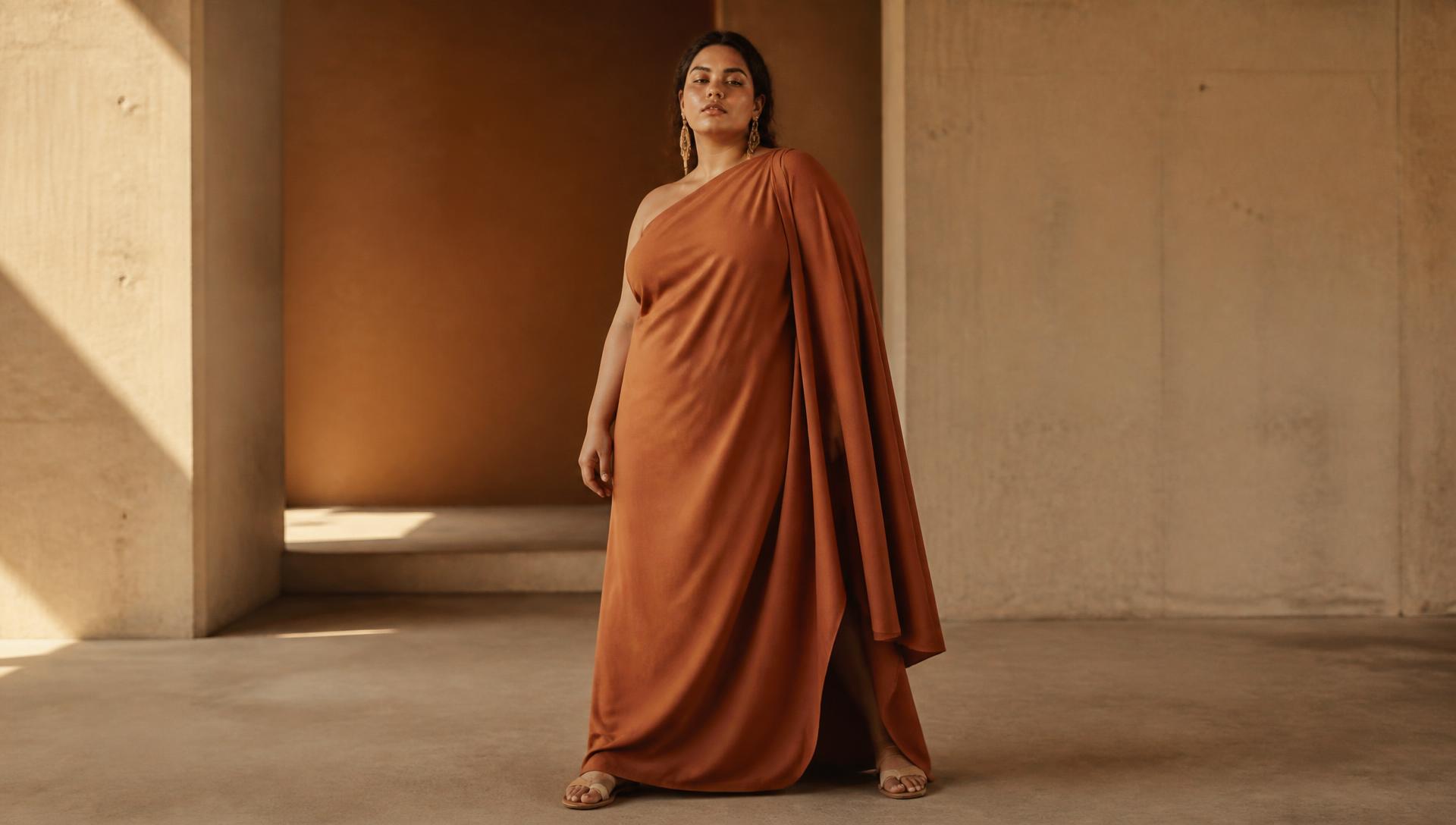 A woman wearing a draped Aligned dress in a warm concrete space